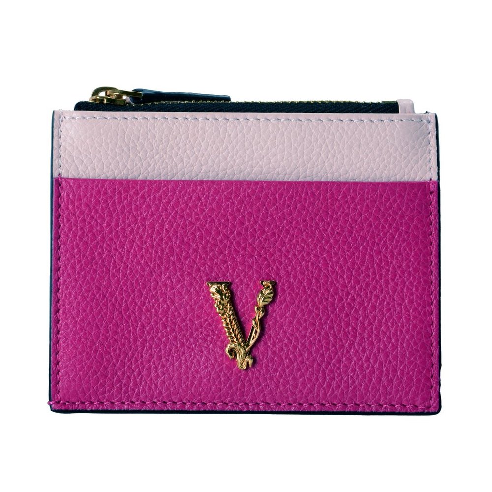 Versace Women's Purple & Pink 100% Textured Leather V-Logo Card Case - Picture 2 of 3